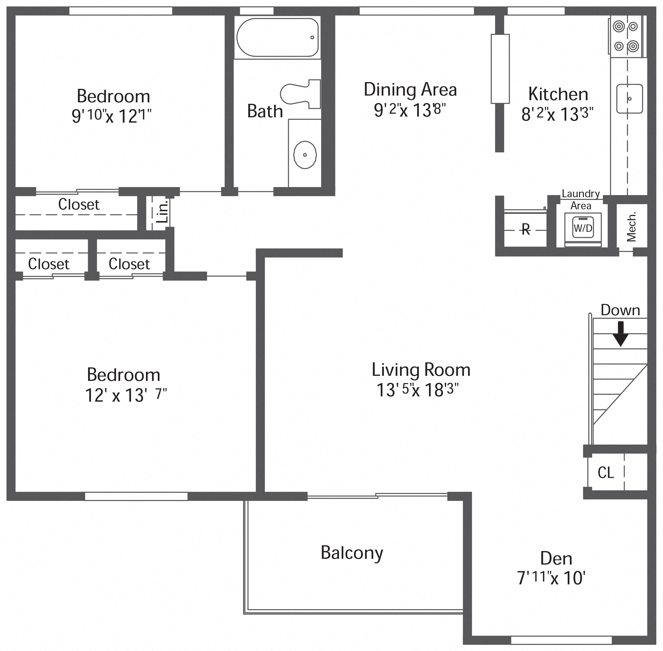 Floor plan for 2 beds, 1 bath, 1055 sqft